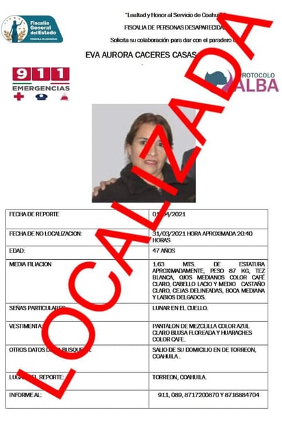 La desaparición de Eva Aurora Cáceres Casas, de 47 años de edad, se reportó el pasado 1 de abril del año en curso. (EL SIGLO DE TORREÓN)