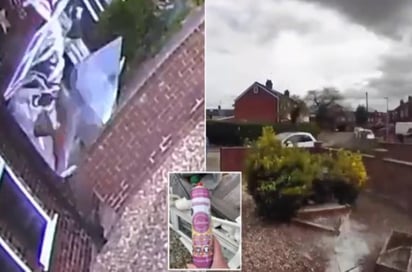 Cámaras de seguridad captaron el momento en el que una botella de aerosol sanitizante provocó una explosión en casa habitación, volando las ventanas y generando daños estimados en más de 165 mil pesos. (Especial) 