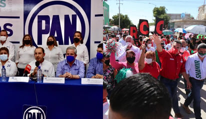 Alejandro Moreno, presidente nacional del PRI y Marko Cortés, líder nacional del PAN, estuvieron durante este viernes en la ciudad de Torreón, ambos emitieron diversas opiniones respecto a la extensión del periodo de servicio del presidente de la Suprema Corte de Justicia de la Nación (SCJN), Arturo Zaldívar, además advierten sobre posibles acciones de inconstitucionalidad contra dicha medida. (ERICK SOTOMAYOR)