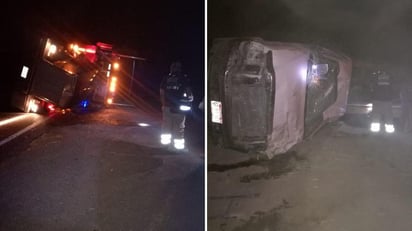 Un aparatoso choque de volcadura se registró la noche del viernes a la altura del kilometro 50 carretera Bermejillo - Ceballos, del municipio de Mapimí. (EL SIGLO DE TORREÓN) 
 