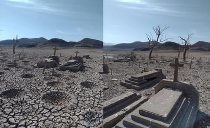 Las tumbas que se encontraban ocultas bajo la presa, aparecieron entre la tierra seca bajo el Sol (FACEBOOK) 