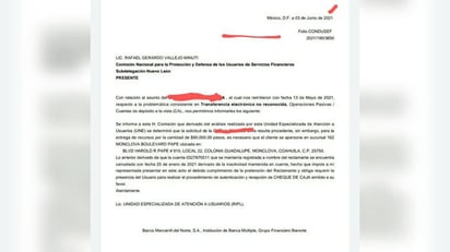 Tras un procedimiento a través de la Condusef, el Grupo Financiero Banorte fue obligado a regresar 90 mil pesos a la cuenta de una mujer mayor. El dinero le fue retirado semanas atrás mediante una transferencia electrónica que la cuentahabiente no realizó ni autorizó. (ESPECIAL) 
