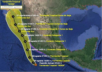 La tormenta tropical Nora podría rozar la costa mexicana del Pacífico como huracán durante el fin de semana. (TWITTER)