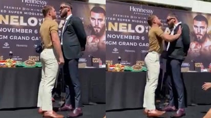 La primera conferencia de prensa entre Saúl Álvarez y Caleb Plant terminó a los golpes. El boxeador mexicano y el estadounidense protagonizaron una caliente conferencia de prensa, en la que no soportaron estar frente a frente.
