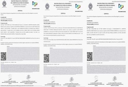 Estos son algunos de los documentos expedidos por el Registro Público de la Propiedad de Durango, según la citada investigación.