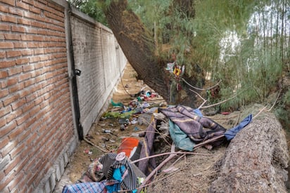 El lugar se encuentra abarrotado de basura y maleza de los árboles, obstruyendo el paso por la banqueta. (EL SIGLO DE TORREÓN)