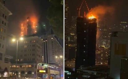 Hasta el momento, la zona del incendio del rascacielos en Hong Kong ha sido acordonada por los cuerpos de emergencia. (ESPECIAL)