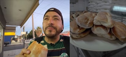 Lalo Villar de La Ruta de la Garnacha en Torreón comiendo pan francés (CAPTURA)