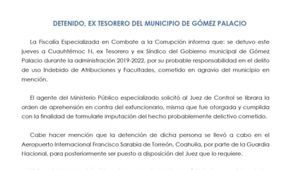 Fiscalía anticorrupción de Durango confirma detención de extesorero de Gómez Palacio