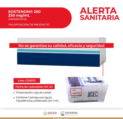 Alerta sobre la falsificación de Sostenon 250 (testosterona) 250 mg/mL. (ESPECIAL)