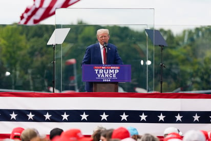 El candidato presidencial republicano Donald Trump durante un acto de campaña en el Museo de la Aviación de Carolina del Norte, el miércoles 21 de agosto de 2024, en Asheboro, Carolina del Norte. (AP)