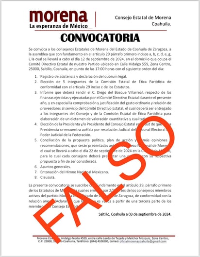 Convocatoria falsa de Morena. (ESPECIAL)