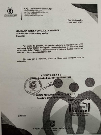 El oficio señalado como 'apócrifo' busca justificar un gasto innecesario de casi medio millón de pesos. (EL SIGLO DE TORREÓN)
