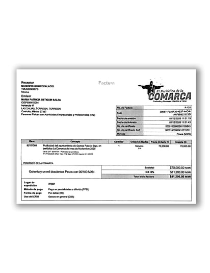 Estas son solo algunas de las facturas en poder de El Siglo de Torreón de las contrataciones autorizadas por Comunicación Social.