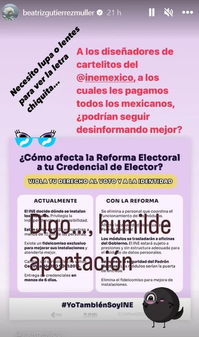 Publicación de Beatriz Gutiérrez Müller, esposa de AMLO, sobre el INE. (ESPECIAL)