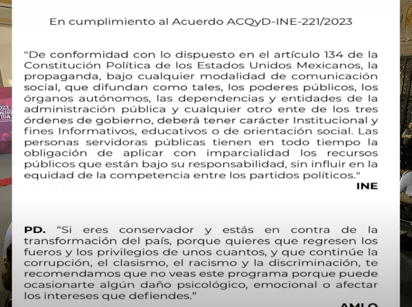 López Obrador cumplió su amago y respondió a las medidas cautelares impuestas por el INE, colocando una cortinilla con un mensaje al inicio de su mañanera.