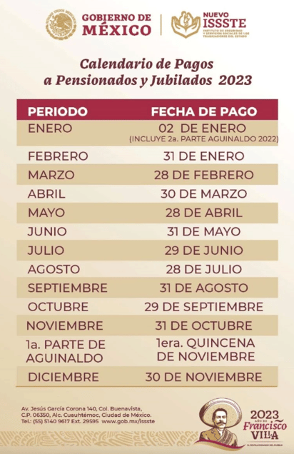 Calendario con las fechas de pago de la pensión del ISSSTE.