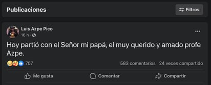 Su hija confirmó el fallecimiento del profesor Luis Azpe Pico.