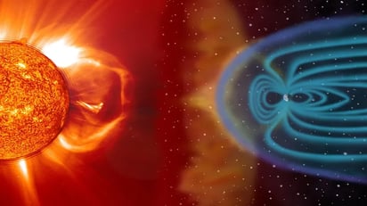 Representación del campo magnético terrestre desviando el viento solar.