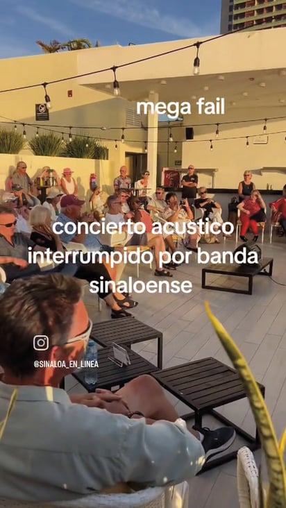 Screenshot del video viral de TikTok que muestra el momento en que el sonido de una banda en la playa llega a un evento en un hotel. Imagen: TikTok