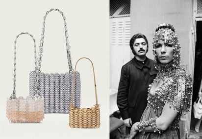 Bolsos diseñados por Paco Rabanne, piezas únicas elaboradas en los talleres artesanales tradicionales (i), junto a modelo con vestido parte de la colección 12 vestidos imposibles de usar en materiales contemporáneos (d).