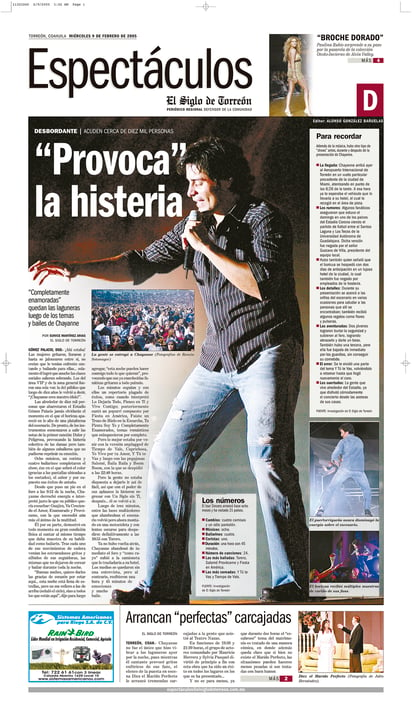 Recuerdos. Así lució la portada de Espectáculos del concierto que ofreció en 2005.