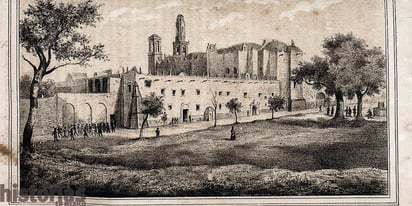 Litografía de Luis Garcés, exterior del antiguo Colegio de Santiago Tlatelolco, 1882.