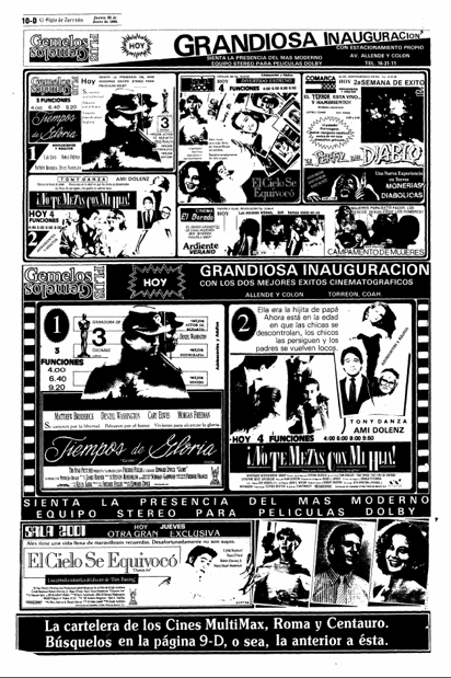 Cartelera de Gemelos Plus de Torreón en el año de 1990 (HEMEROTECA DE EL SIGLO DE TORREÓN)