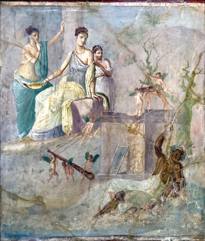 Fresco antiguo que representa a Hércules ebrio, vestido de mujer, en la corte de Ómfales, mientras varios cupidos lo rodean. Imagen Wikimedia.