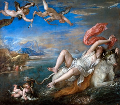 El rapto de Europa (1562), de Tiziano, pintura que representa el momento en que Zeus se transformó en toro para llevar a esta mortal a Creta y engendrar tres hijos. Imagen Wikimedia.