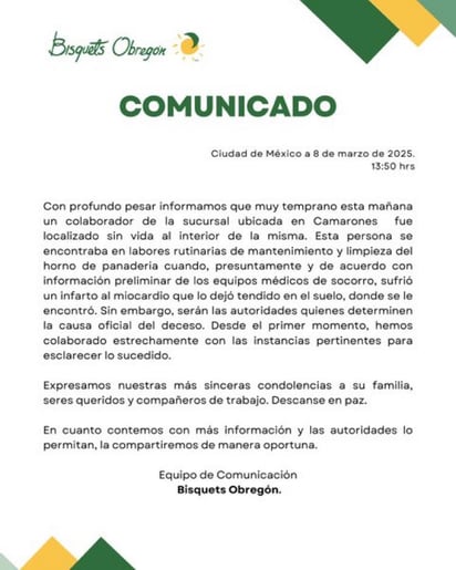 Comunicado de Bísquets Obregón. 