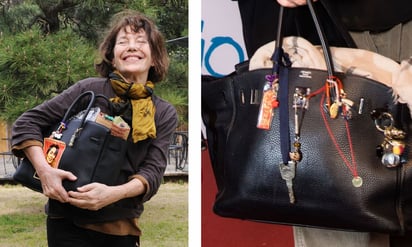 Jane Birkin sosteniendo uno de sus bolsos Birkin. Fotos: (ESPECIAL)