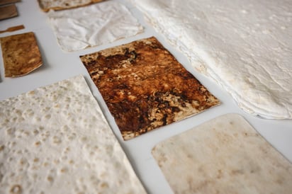 Muestras de tejidos y materiales textiles a base de champiñones. Foto: EFE/Pablo Garrigós.