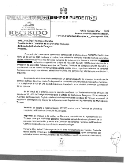 Fue casi un mes después de emitida, que se informó a la CDHEC vía oficio, que se aceptaba la recomendación. (EL SIGLO DE TORREÓN)