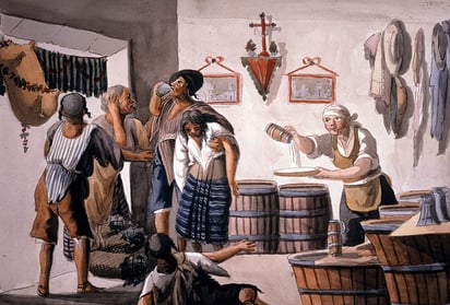 Interior de una pulquería (1810), Theubet de Beauchamp. En el Virreinato, la Corona Española buscó, sin éxito, controlar la producción de bebidas embriagantes por parte de los locales.
