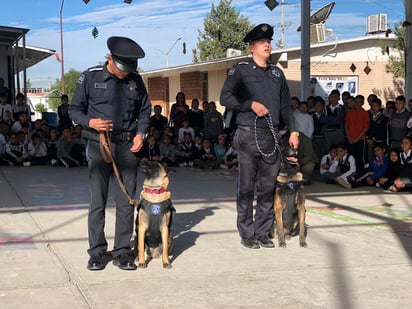 Miembros de la Unidad Canina K9 en una demostración en una escuela primaria. X / @SaltilloGob
