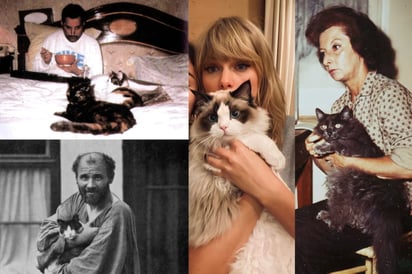 Algunas fotos de artistas (Freddie Mercury, Gustav Klimt, Taylor Swift y Remedios Varo) con sus gatos.