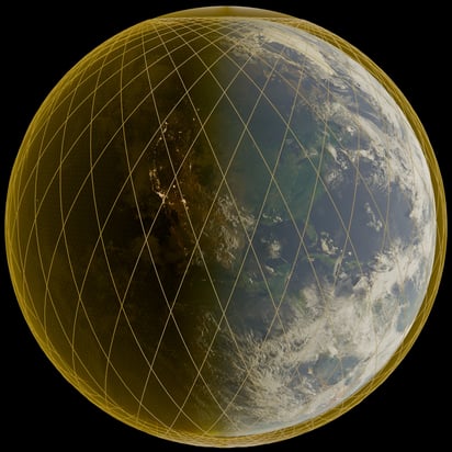Visualización de una constelación global de interceptores espaciales como la propuesta por el Domo Dorado. Foto: Wikimedia Commons 