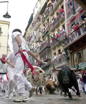 Al grito de '¡Pamplonesas, pamploneses, viva San Fermín!', Sánchez de Muniaín invitó a disfrutar de las fiestas a miles de personas que abarrotaban la céntrica plaza del Ayuntamiento de la ciudad, ataviados con su tradicional vestimenta de blanco y un pañuelo rojo al cuello, mientras gritaban de alborozo y descorchaban botellas de cava, con el que se regaban unos a otros.