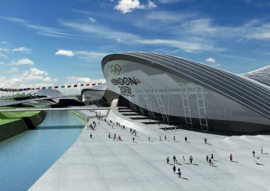 Imagen de ordenador del centro acuático donde se celebrarán las pruebas de natación, salto de trampolín, natación sincronizada y pentatlón moderno en los Juegos Olímpicos 2012.