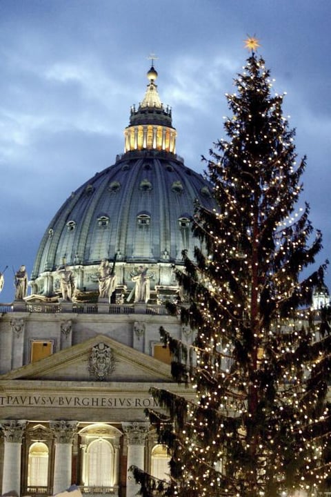 Imagen del árbol de Navidad iluminado frente al Vaticano en la plaza de San Pedro tras su ceremonia de iluminación. El árbol mide unos 30 metros de alto y ha sido donado al Vaticano por el municipio de Eferding, en la región del norte de Austria, para celebrar el 500 aniversario de su parroquia.