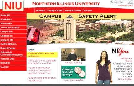 Vista de un mensaje que dice 'Alerta: tiroteo en el campus' publicado en la página web de la Universidad de Illinois.