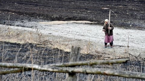 Ganna Zavorotnya, 78 años, camina para trabajar en el campo en el ciudad de Kupovate e ignora la alerta de riesgo de contaminación radiactiva.