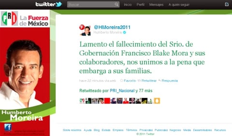 Humberto Moreira, líder nacional del Partido Revolucionario Institucional (PRI) lamentó el fallecimiento del secretario de Gobernación, Francisco Blake Mora, y de sus acompañantes.