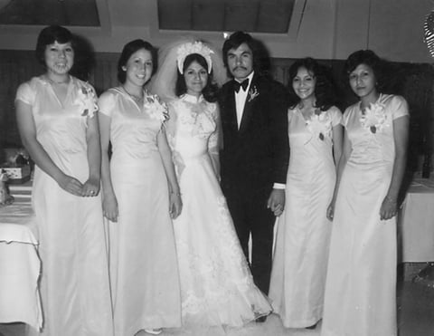 SAN JUANA Valenzuela, Mayela Galindo, Dora Antúnez y María del Carmen Venegas en la boda de María Guadalupe Palacios y Raúl Estrada, el 20 de marzo de 1976.