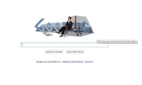 16 de marzo. Google dedicó un "doodle", una versión especial de su logotipo para conmemorar fechas especiales, al poeta peruano César Vallejo con motivo del 120 aniversario de su nacimiento.