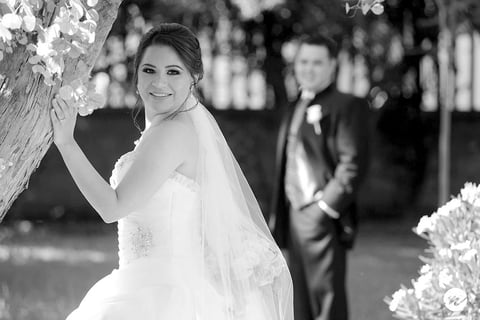 Captados en una fotografí­a de estudio el dí­a de su boda: Adriana Elisa Goitia Sánchez y Francisco Javier Meraz Rodríguez.