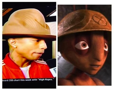Pharrell Williams portó un singular sombrero que también fue comparado con algunos personajes de dibujos animados.