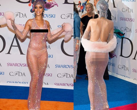 Rihanna se robó la atención en junio al lucir un vestido transparente que dejaba a la vista sus pechos, ya que la intérprete de Umbrella acudió a los CFDA Fashion Awards luciendo demasiada piel.