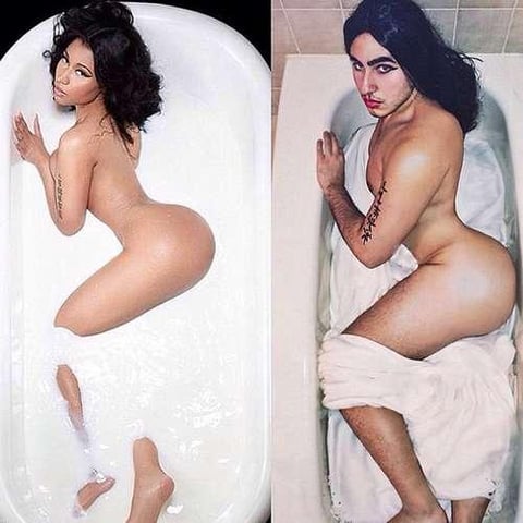El joven ha imitado las polémicas fotos de Nicki Minaj.